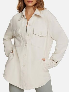 Good American Fleece Lined Shacket Button Front Collared Shirt Jacket Cream 1/2